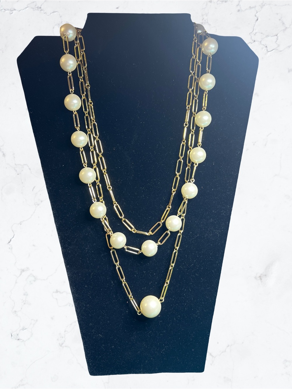 Ann Taylor three layer chain necklace gold tone faux pearls